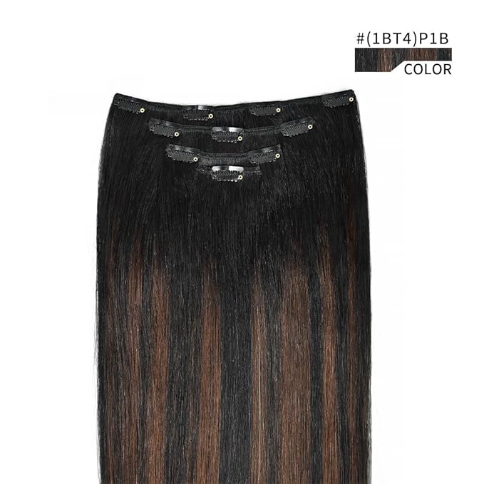 16" Clip in Hair Extensions Remy Human Hair for Women - Silky Straight Balayage Clip on Real Hair Extensions 55grams 4pieces (16inches, #(1BT4) P1B)