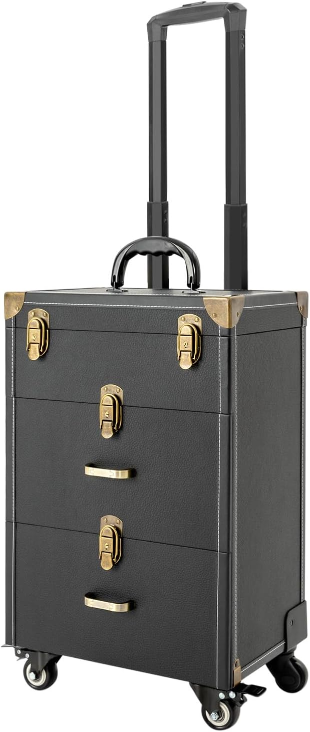 Makeup Train Case, Rolling Makeup Trolley Case, 3 Tiers Lockable Nail Polish Organizer with 2 Keys 4 Wheels (2 with Brakes) for Travel Makeup Artists Nail Technicians (Black Case, Tan Lock)