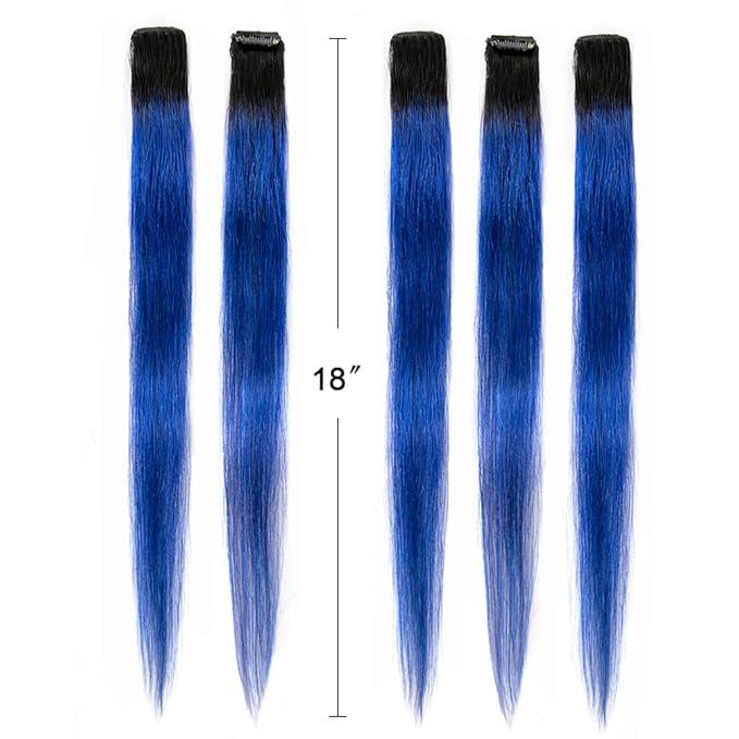 Winsky Blue Ombre Clip in Colored Hair Extensions 100% Real Human Hair - Hairpiece for Women Clip on 5 Pieces/set (18 Inch,1B-Blue)