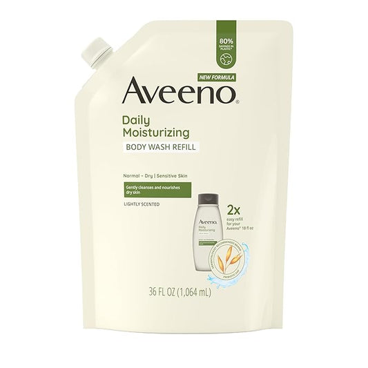 Aveeno Daily Moisturizing Body Wash for Sensitive Skin + Prebiotic Oat, Gently Cleanses, Nourishes & Feels Moisturizing Dry Skin, Light Fragrance, Refill Pouch, 36 fl. oz