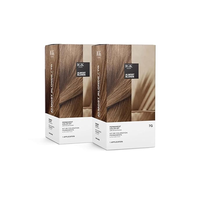 IGK Permanent Hair Dye Color Kit | 7G Almost Blonde - Dark Golden Blonde | 100% Gray Color Coverage + Strengthen + Shine | Ammonia Free (2 Pack)