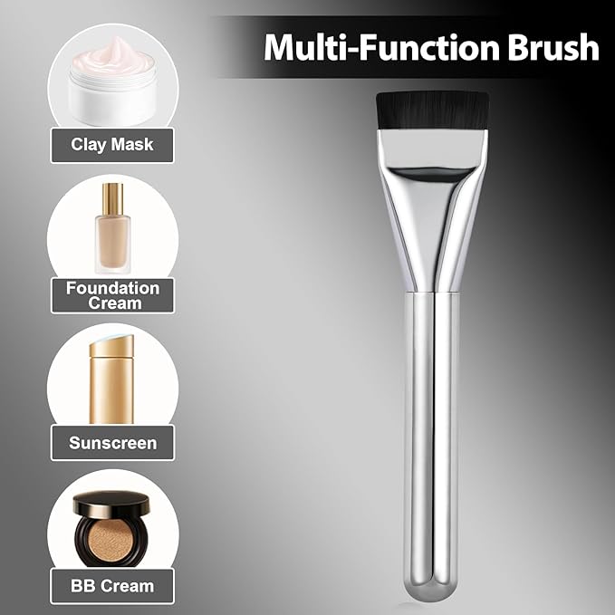 Flat Foundation Brush for Liquid Makeup,14CM Fast Flawless Flat Top Kabuki Makeup Brushes Face Cosmetics Concealer Brush for Liquid, Blending, Powder, Cream, Powder, Blush, Buffing Bright Silver