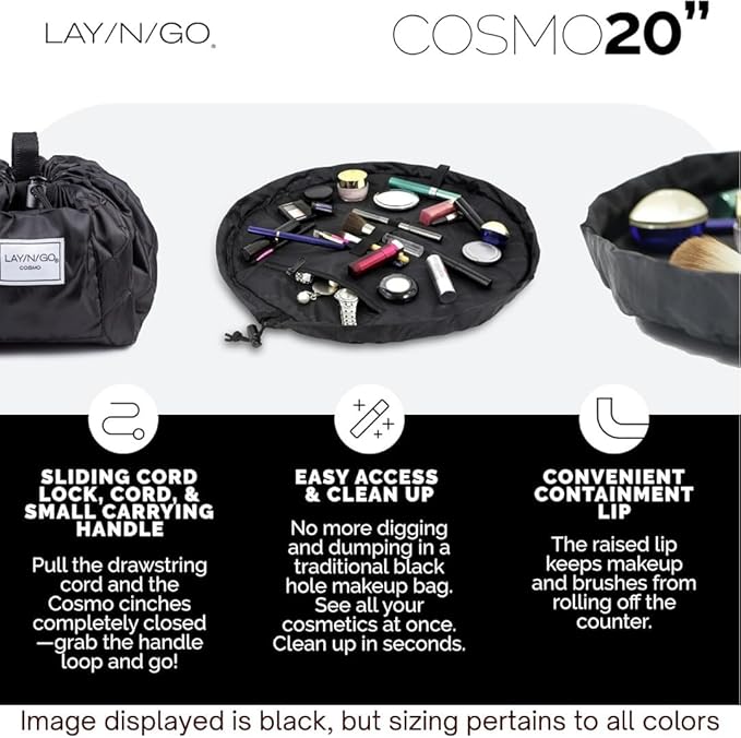 Lay-n-Go Cosmo Drawstring Cosmetic & Makeup Bag Organizer - Portable Drawstring Makeup Bag w/Zipper Pocket, Makeup Loops & More - Durable, Machine Washable Toiletry Bag (20", Black & Gold)