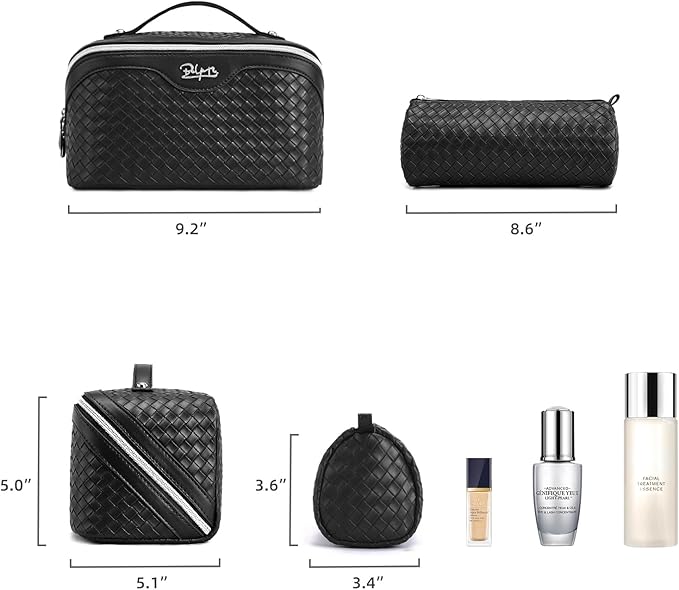 BOYATU Travel Makeup Bags for Women: 3 Pcs Large Make up Bags Set - Vegan Leather Cosmetic Bag for Traveling - Waterproof Toiletry Organizer (L33 Black)