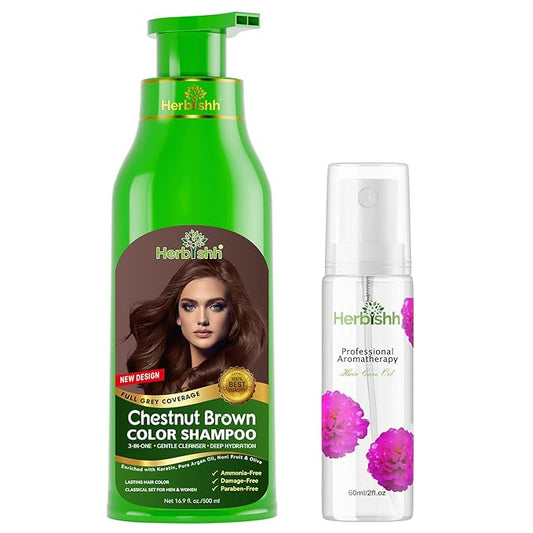 Herbishh Chestnut Brown Hair Color Shampoo - 3-In-1 Magic Dye for Gray Hair 500 Ml + Essential Flower Hair Oil - Organic Formula for Dry, Damaged Hair 60 ML