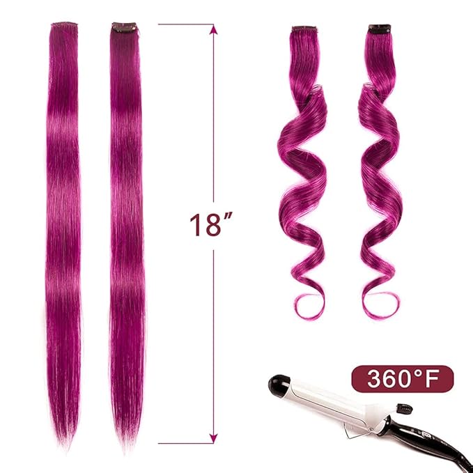 Winsky Purple-red Clip in Colored Hair Extensions 100% Real Human Hair - Straight Highlights Girls Clip on Hairpieces 5 Pieces/Set (18inch, Purple-red）
