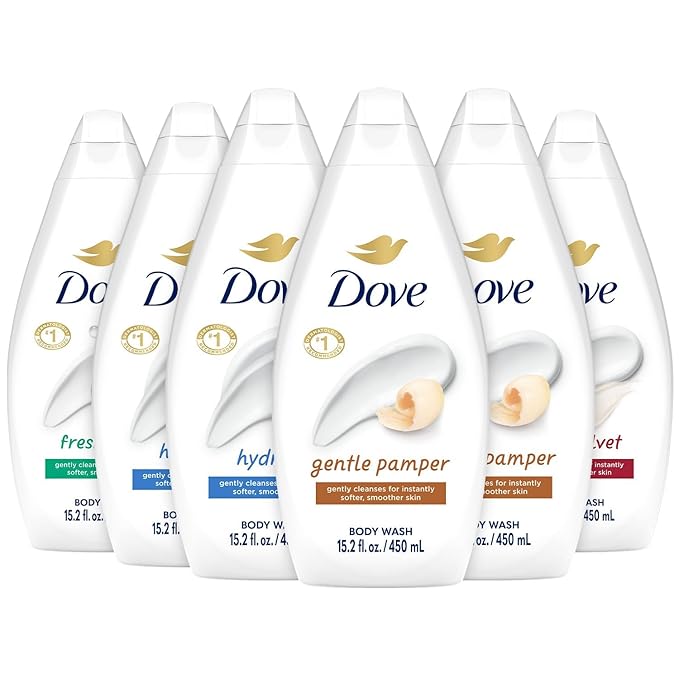 Dove Body Wash Variety 6-Pack – Hydrate, Gentle Pamper, Fresh Care, and Silky Velvet, 15.2 Oz Ea