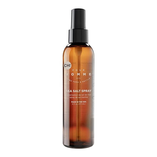 CHI Pour Homme Sea Salt Spray for Men, Hairspray For Texture & Volume, Creates A Natural Look, Made With Aloe Vera & Nettle, Fresh, Woody Scent, 6 oz