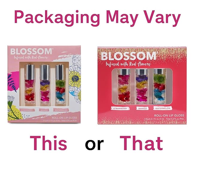 Blossom Roll on Lip Gloss, Scented Clear High Shine Moisturizing Lip Oil, Non Sticky, Infused with Real Flowers, Made in USA, 0.3 fl. oz./9ml, 3 pack Mini Gift Set, Strawberry, Watermelon, Mango