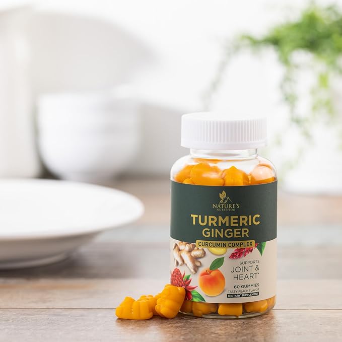 Turmeric Curcumin Supplement Gummies - 95% Curcuminoids with Turmeric & Ginger, Black Pepper for Best Absorption, Nature's Vegan Joint Support, Non-GMO, Gluten Free, Tasty Peach Flavor - 60 Gummies