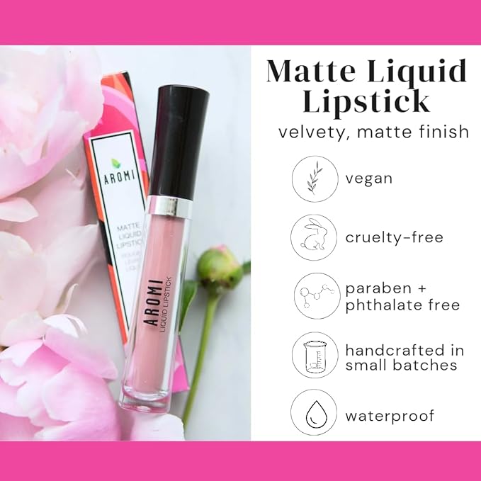 Aromi Bright Pink Matte Liquid Lipstick for Women | Long-Lasting, Magenta Lip Color, Vegan, Blue Undertones, Fuchsia (Pink Peonies)
