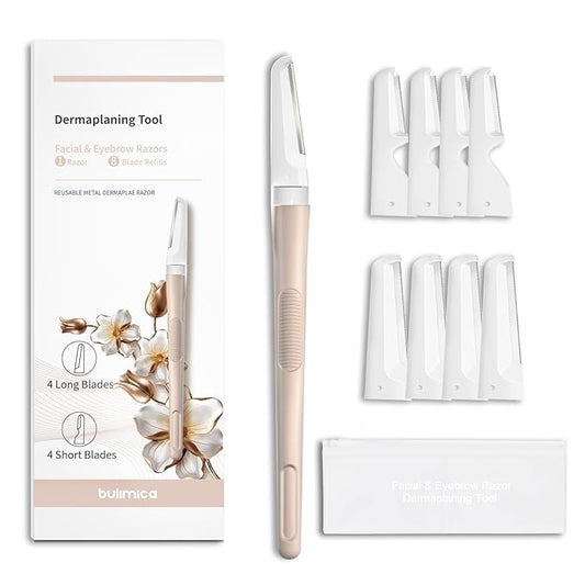 Dermaplane Razor for Women Face, Precision Face Razors for Women, Dermaplaning Tool, Gentle Exfoliation, Perfectly Shape Brows, Reusable Metal Handle with 8 Microblades, Beige