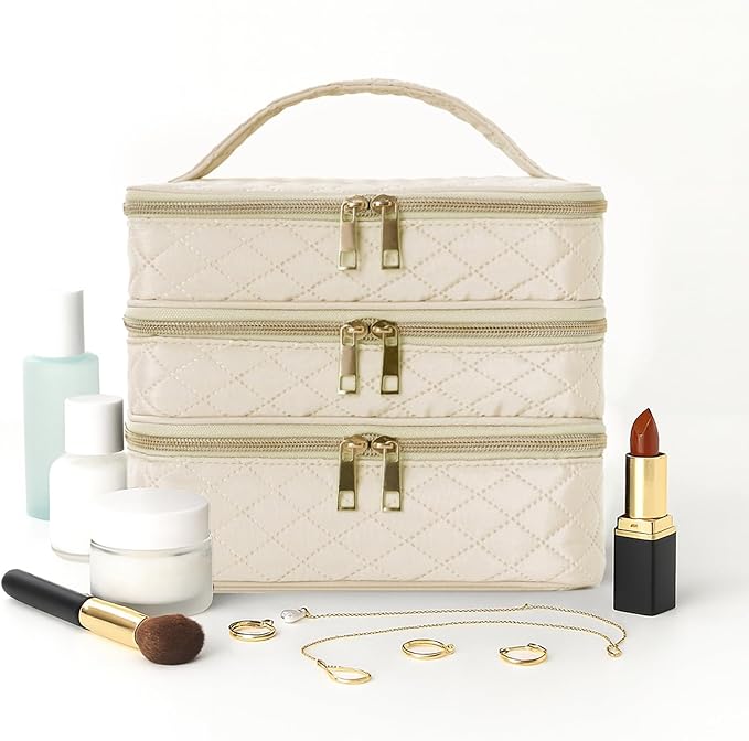 Travel Makeup Bag for Women Three Layer Large Cosmetic Case Water-resistant Toiletry Bag Organizer for Store Toiletries Cosmetic Accessories and Manicure Sets Khaki