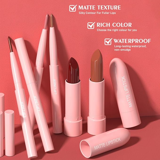 2 in 1 Matte Lipstick Lip Liner Pencil Set,Brown Waterproof Lip Stick Lip liner Combo for Old Women Long Lasting Lipstick Crayon,labiales mate 24 horas originales