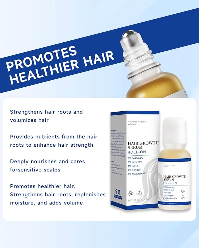 Hair Growth Serum Roll On with Rosemary, Redensyl, Biotin, AnaGain & Niacinamide,No-Rinse & Non-Greasy For All Hair Types (1.01 fl.oz 1Pack, 3% Rosemary)