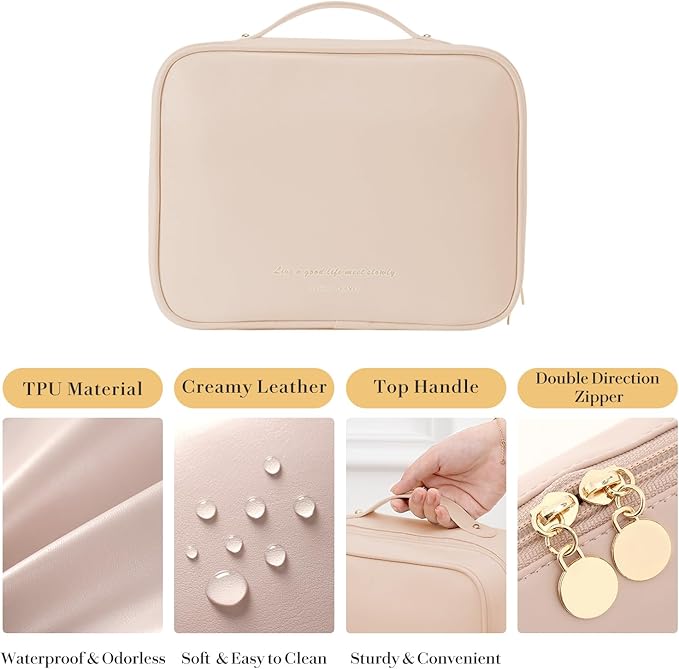 Travel Makeup Bag Large Capacity Cosmetic Organizer Waterproof Leather Toiletry Bag with Brush Holder and Handle Portable Cosmetic Storage Bag for Women Girls Gift - Pink