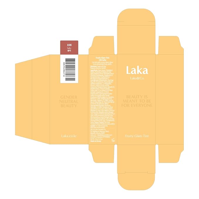 Laka Fruity Glam Tint, 4.5g/0.15oz, Glowing Lip Stain with Wide Color Spectrum, Hydrating & Lightweight Texture, Long-Lasting Bold Stain, Non-Sticky, Vegan, K-Beauty (#108 Salty)