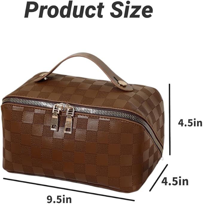 Large Capacity Makeup Bag Portable Travel Cosmetic Bag for Women Girls Gift Makeup Pouch Portable Zipper Bag (Latte Checkered - upgrade)