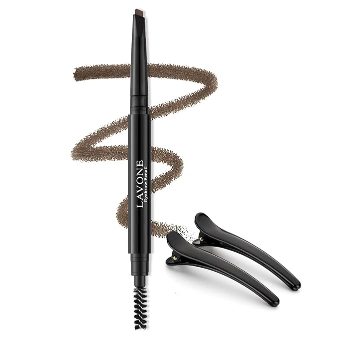 LAVONE Eyebrow Pencil - Makeup Waterproof Brow Pencil with Triangular Tip, Dual-Sided Brow Brush, Precise, Fine Tip, Fills Brows Creates Natural Looking Brow, with Hair Clips - Deep Brown