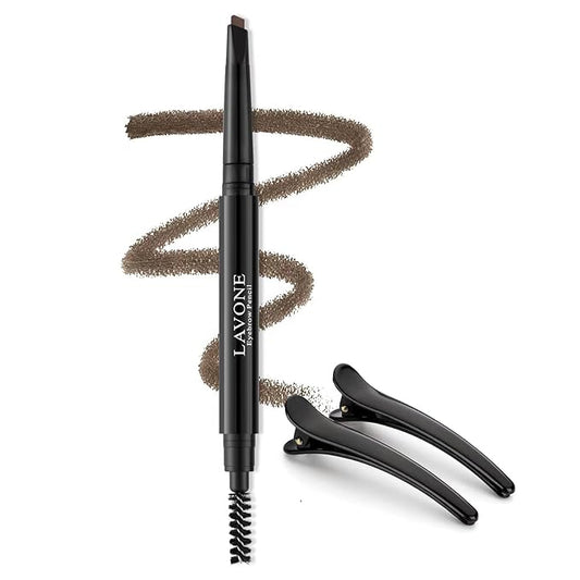 LAVONE Eyebrow Pencil - Makeup Waterproof Brow Pencil with Triangular Tip, Dual-Sided Brow Brush, Precise, Fine Tip, Fills Brows Creates Natural Looking Brow, with Hair Clips - Deep Brown