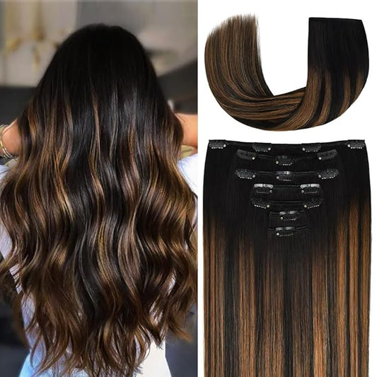 22 Inch Clip-in Hair Extensions Remy Human Hair for Women - Soft Handmade Real Human Hair Clip in Extensions, Straight, Thick, 165g 7pcs #(1BT6) P1B Color