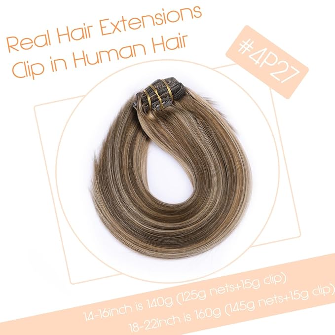 VINBAO Thick 160g Clip In Hair Extensions Real Human Hair Color 4 Chocolate Brown to 27 Dark Blonde Balayage Remy Hair 22Inch 7PCS Straight Thick End Double Weft (#HC4P27,22'')