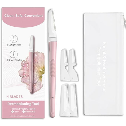 Dermaplane Razor for Women Face, Precision Face Razors for Women, Dermaplaning Tool, Gentle Exfoliation, Facial Hair Removal and Perfectly Shape Brows, Reusable Metal Handle with 4 Microblades, Pink