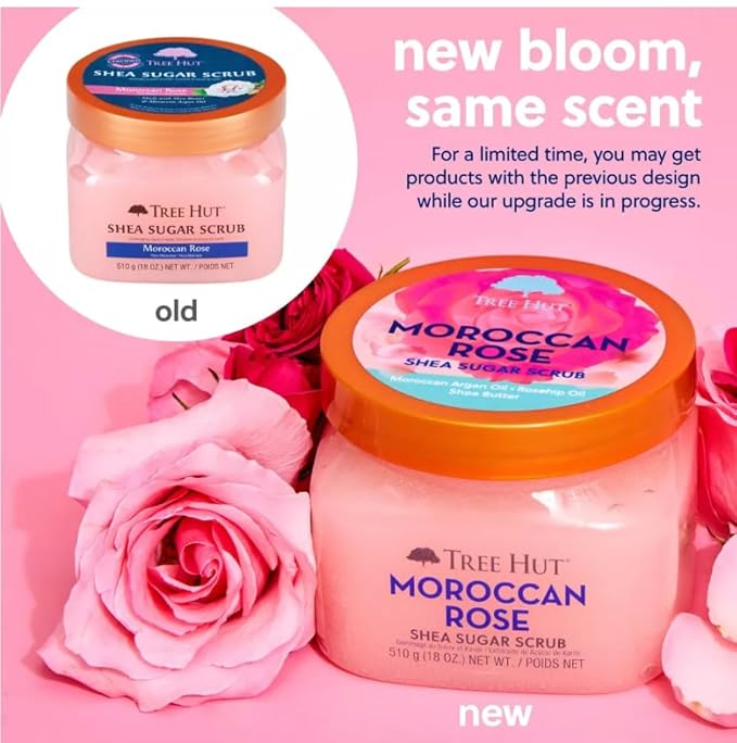 Tree Hut Moroccan Rose Shea Sugar Scrub, Exfoliating & Hydrating Body Scrub with Shea Butter & Essential Oils, Smooth & Soften Skin, Holiday Gift & Stocking Stuffer, 18 oz