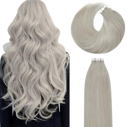 Lacer Tape in Hair Extensions - Silky Straight Silver Grey Adhesive 100% Remy Human Brazilian Hair - 20 Pcs, 50 Grams, 22 Inch