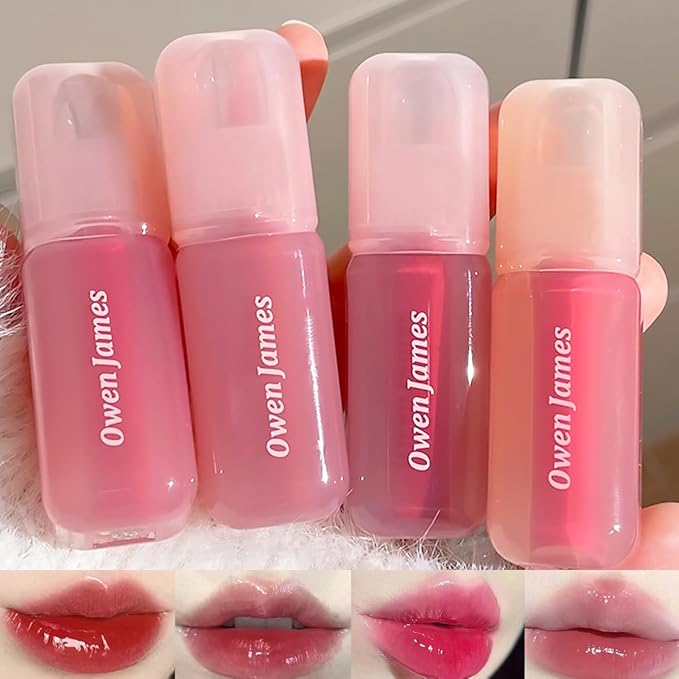 4Pcs Hydrating Lip Gloss Set,Non-Stick Cup,Glossy Finish,Highly-Pigmented Korean Lip Glaze,Plumping Lipgloss,Moisturizing Water Mirror Liquid Lipstick,Long-lasting Natural Makeup