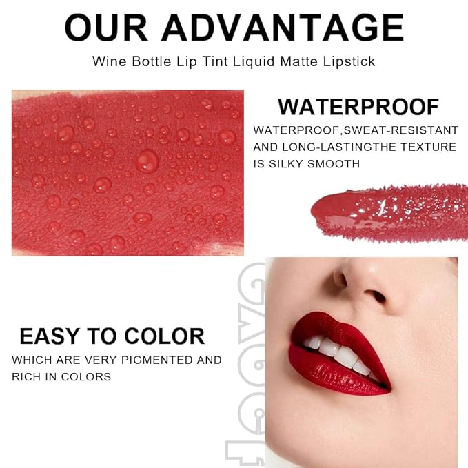 evpct 6Pcs Wine Bottle Lip Tint Stain 6 Colors Waterproof Red Matte All Day Liquid Lipstick Lip Gloss Sets for Women Magic Lipstick 24 Hours Original labiales magicos 24 horas originales Peel off 03