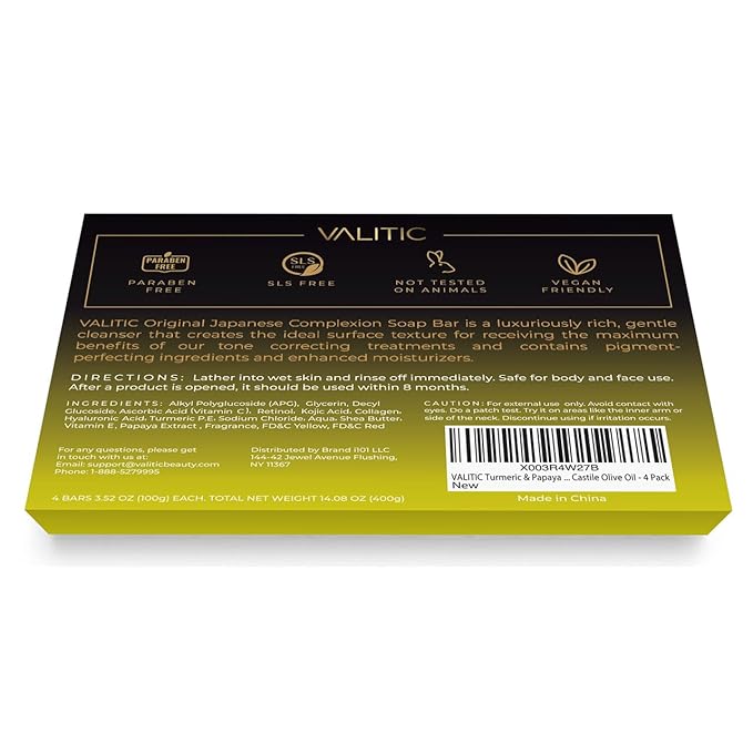 VALITIC Papaya and Turmeric Kojic Acid Soap Bar - Dark Spot Corrector Skin Care Cleansing Bar - Infused with Vitamin C, Hyaluronic Acid, Collagen, Retinol, Olive Oil - 4 Pack