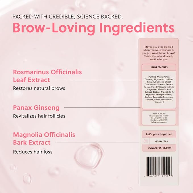 Eyebrow Growth Serum by ForChics - Natural Brow Thickening Treatment with Peptides and Biotin- Hormone-Free, Vegan and Cruelty-Free- Fuller Brows in 2 Weeks- 0.10oz/3ml