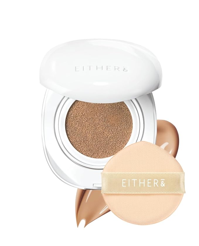 EITHER& Glow Pixel Cushion Foundation, Skincare Formula, Dewy Glass Skin, Lightweight & Long-Lasting 100H Wear, Buildable Hydrating Korean Cushion (25.5 Tan, 12g)