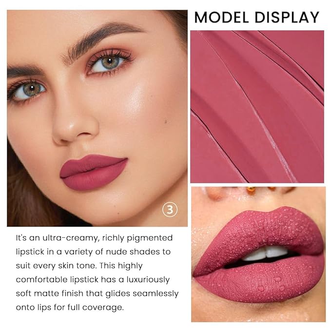 evpct 3Pcs Nude Pink Beige Rose Mauve Matte Lipstick Pack Sets for Women Silky Velvet Lipstick Matte Long Lasting Smudge Proof Lipstick Lip Stain Makeup Set Kit matte lipstick 24 hours original 03