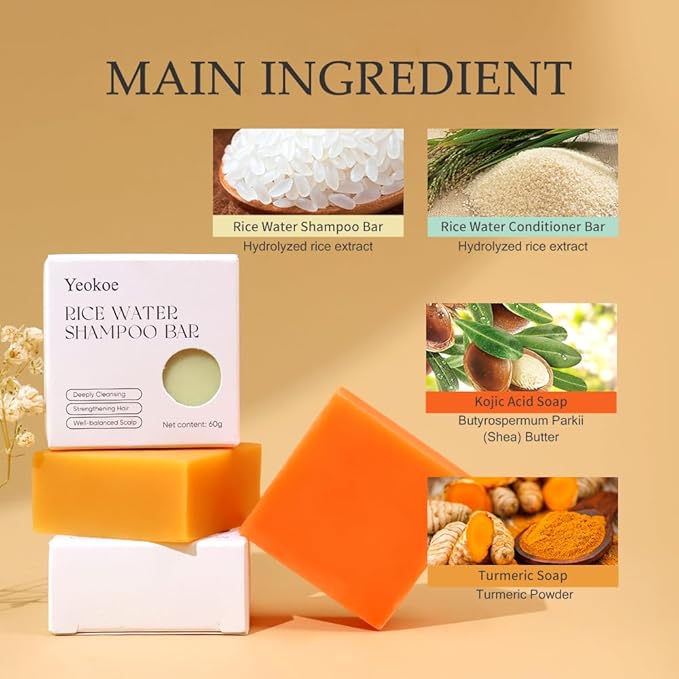 Turmeric Soap Bar and Rice Water Shampoo Conditioner Bar Set,Kojic acid for Body,Face and Hair,Deep Cleansing,Travel Toiletries,Spa Gifts For Women