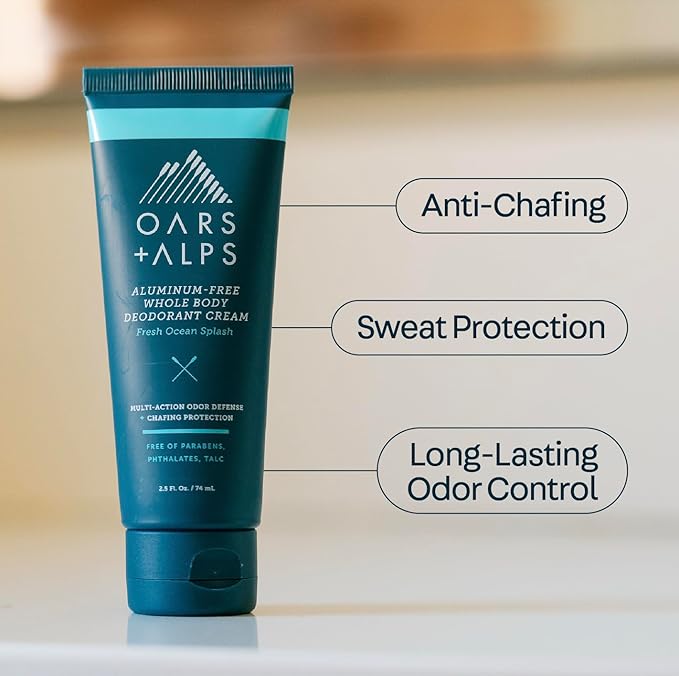 Oars + Alps Whole Body Deodorant for Men & Women, Aluminum Free Deodorant with Cedarwood, lime, Fresh Greens, Multi-Action Odor Defense, Long Lasting, Anti-Chafe, Fresh Ocean Splash, 2.5oz