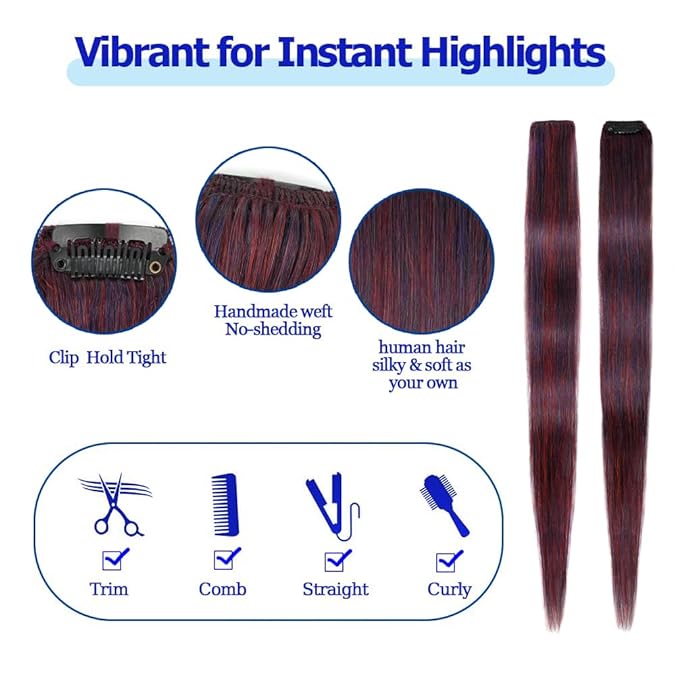 Winsky Purple-blue Clip in Colored Hair Extensions 100% Real Human Hair Straight Highlights Girls Clip on Hairpieces 5 Pieces/Set (18inch, Purple-blue)