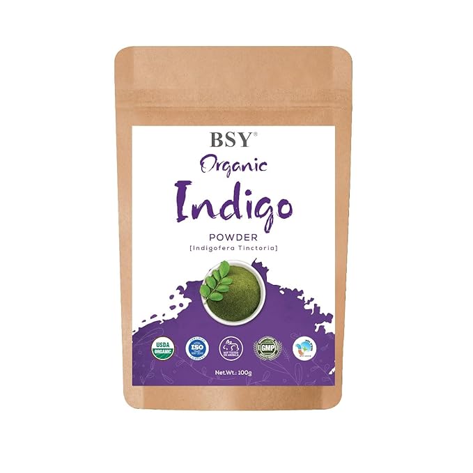 BSY Organic Indigo Powder - 100% Natural Indigofera Tinctoria (Indigo), Triple Sifted Avuri Leaf Powder for Hair Coloring - 100g / 0.5 LB