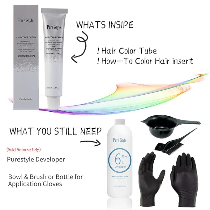 PureStyle 100ml Professional Permanent Hair Color Dye Cream Ammonia Free, Long Lasting Pink Purple Color, 100% Gray Coverage, Natural Shine, For All Hair Types Easy At Home Application