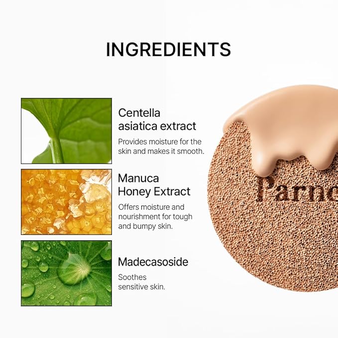 Parnell Cicamanu Serum Cushion - Moisturizing Foundation for Soothing, Coverage, Glass Skin and Lightweight for Sensitive and Dry Skin Pearl Skin (0.52 Fl Oz) (30W)