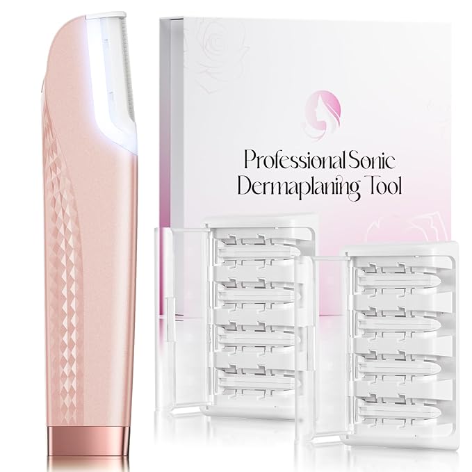 Dermaplane Razor For Women Face, 3 Adjustable Dermaplaning Tool, Facial Hair Removal Razors with Led Light for Peach Fuzz,Rechargeable Sonicsmooth Facial Hair Remover with 8 Replacement Blades (Pink)