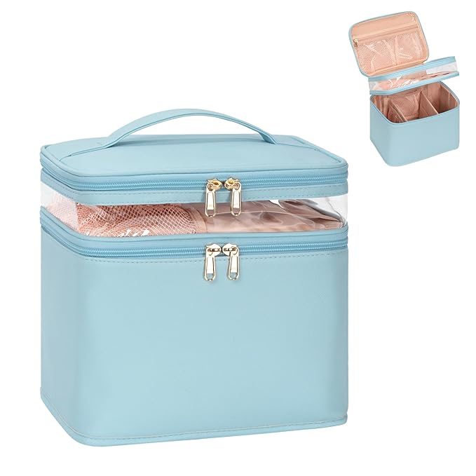 OCHEAL Large Makeup Bag, Double Layer Makeup Bag, Vertical Storage Cosmetic Case for Women/Girls with Multiple Compartments-Blue-xl