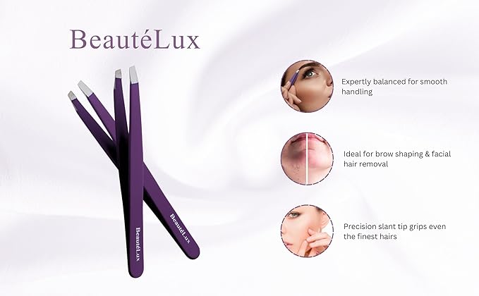 Slant Tip Eyebrow Tweezer for women & men, Stainless Steel Tweezers, Stocking Stuffer for women & men Facial Hair Removal tweezers for Chin hair, Ingrown Hair tweezer, Purple Travel tweezers with case