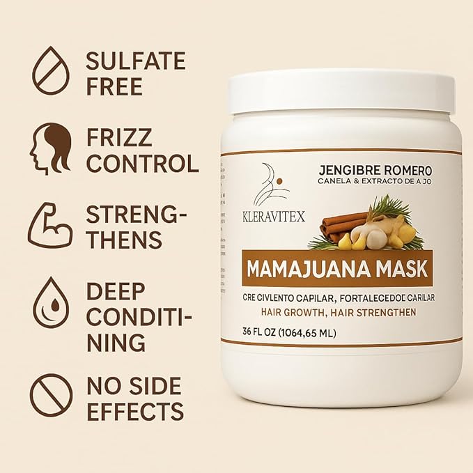 Mamajuana Hair Mask - Deep Treatment with Ginger, Rosemary, Cinnamon & Garlic Oil Extract - Hair Mask for Dry Damaged Hair and Growth, Paraben & Sulfate Free Hair Treatment (36 OZ)