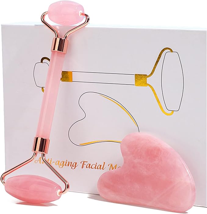 HOTACE Jade Roller Gua Sha Set Natural Rose Quartz Jade Roller for Face Beauty Facial Roller Massager Tools Face Skin Care Tools-Pink