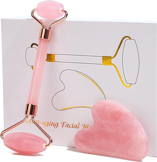 HOTACE Jade Roller Gua Sha Set Natural Rose Quartz Jade Roller for Face Beauty Facial Roller Massager Tools Face Skin Care Tools-Pink