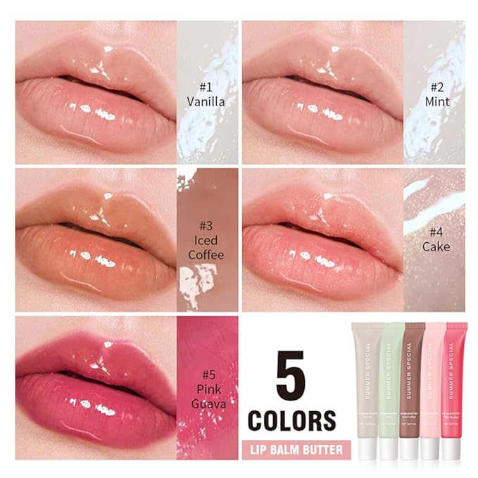 5Pcs Summer Lip Glossy Butter Balm Set, Instant Moisture Sheer Tint, Non-Sticky, Conditioning Formula to Soothe & Repair Dry, Chapped Lips, Jelly Lip Stain with Natural Scent (#1+2+3+4+5, 5Pcs)