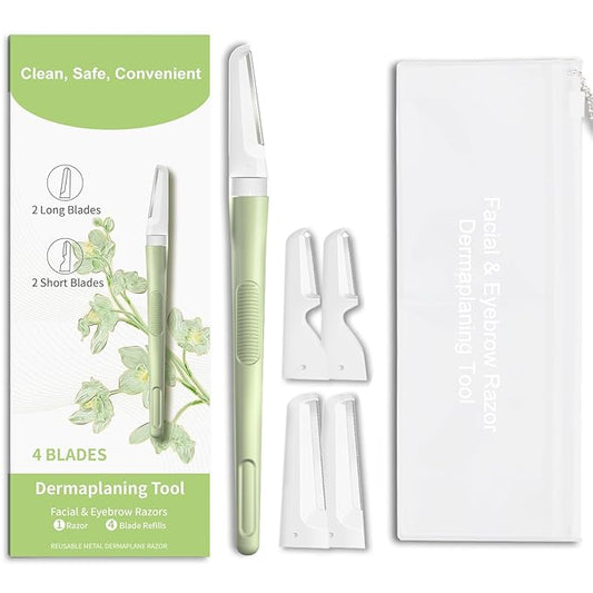 Dermaplane Razor for Women Face, Precision Face Razors for Women, Dermaplaning Tool, Gentle Exfoliation, Facial Hair Removal and Perfectly Shape Brows, Reusable Metal Handle with 4 Microblades, Green
