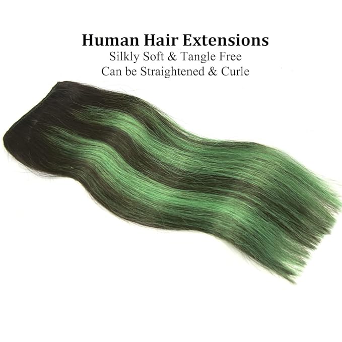 20" Clip in Hair Extensions Remy Human Hair Teal Balayage for Women - Silky Straight 100% Real Human Hair 75rams 4pieces #(1B/Teal) T1B Color